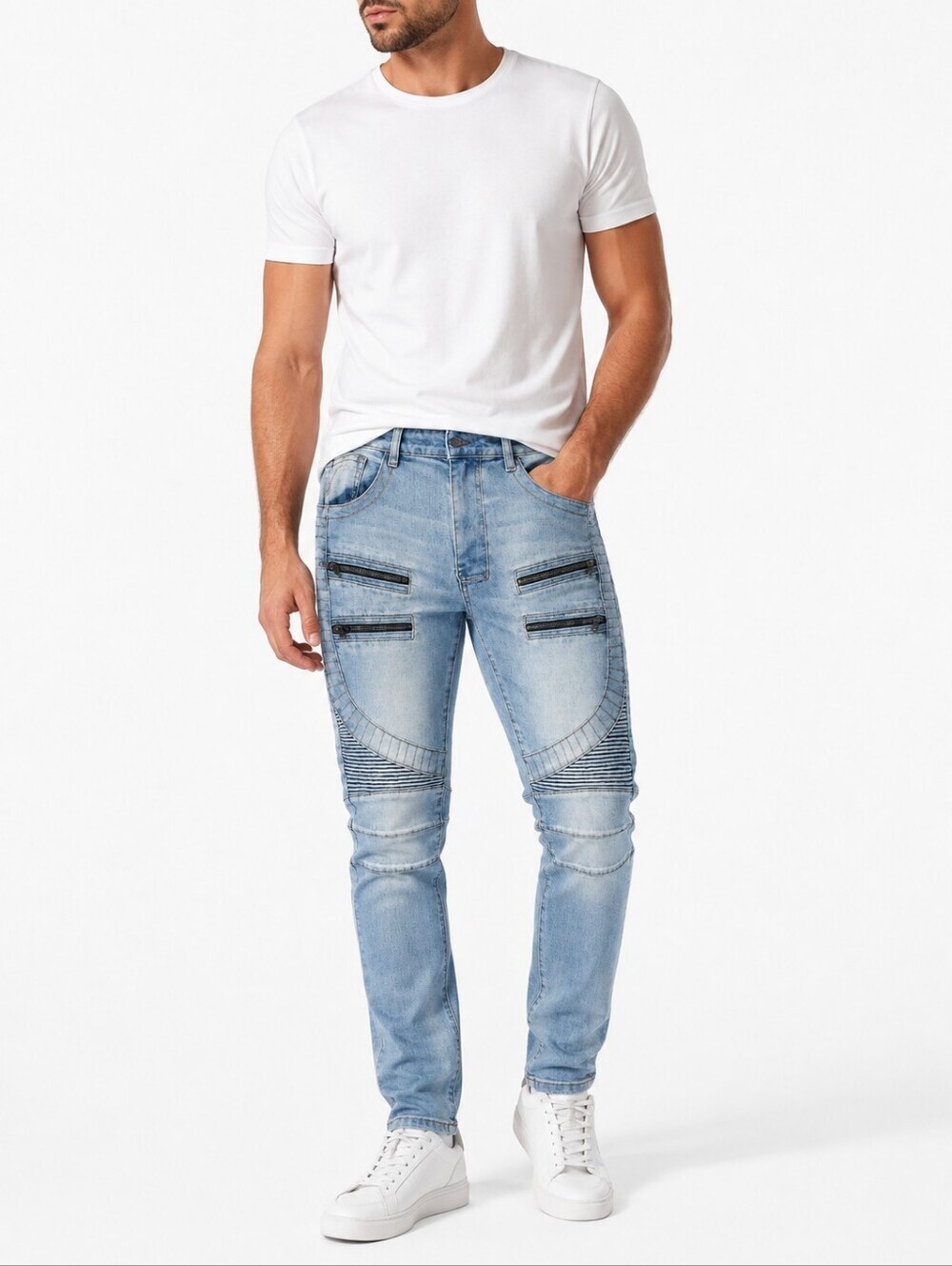 Fashion Nova Men Size 30 Light Wash Moto Biker Jeans Zip Pocket Stretch Denim